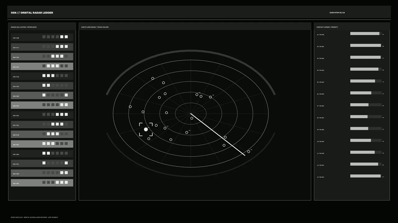 Orbital Radar Tracking HUD with Contact Ledger and Priority Bars | 4K Sci-Fi