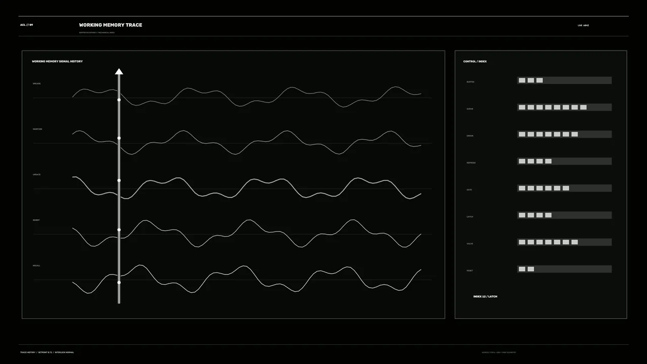 Sci-Fi Working Memory Telemetry HUD with Waveform Traces and Index Bars