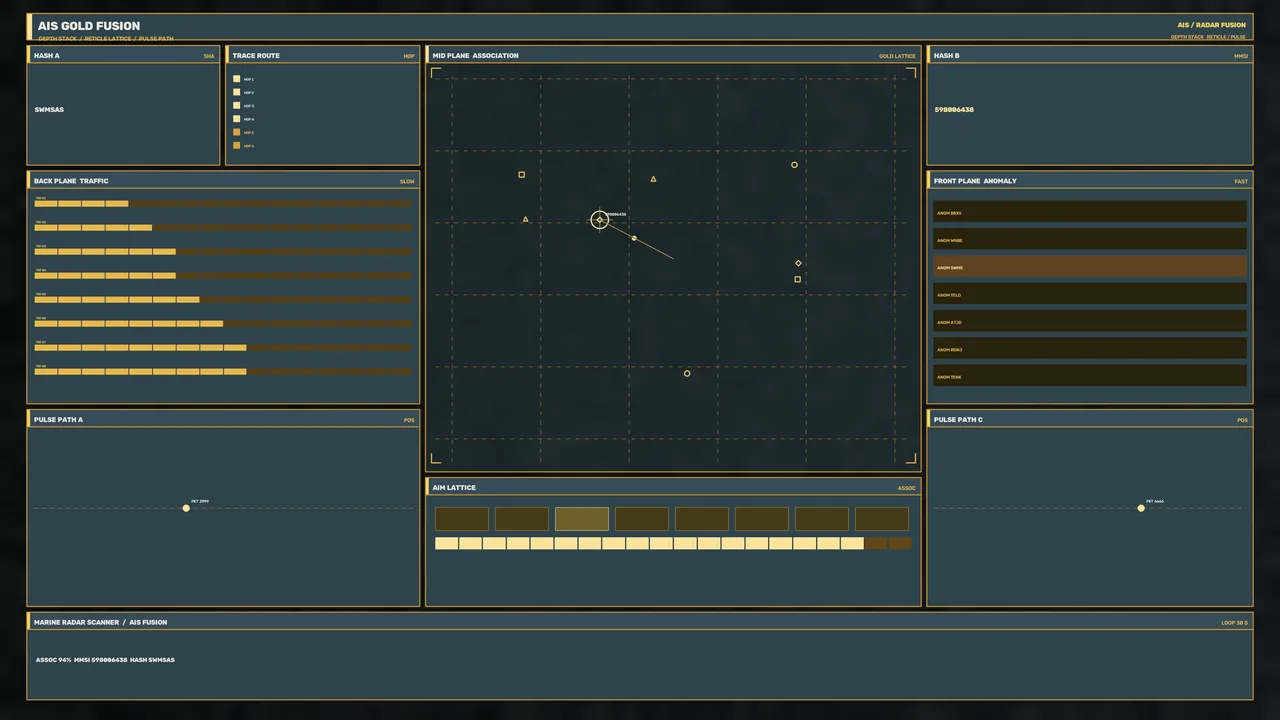 Maritime Radar Tracking HUD with Gridded Association Map and Amber Telemetry, 4K