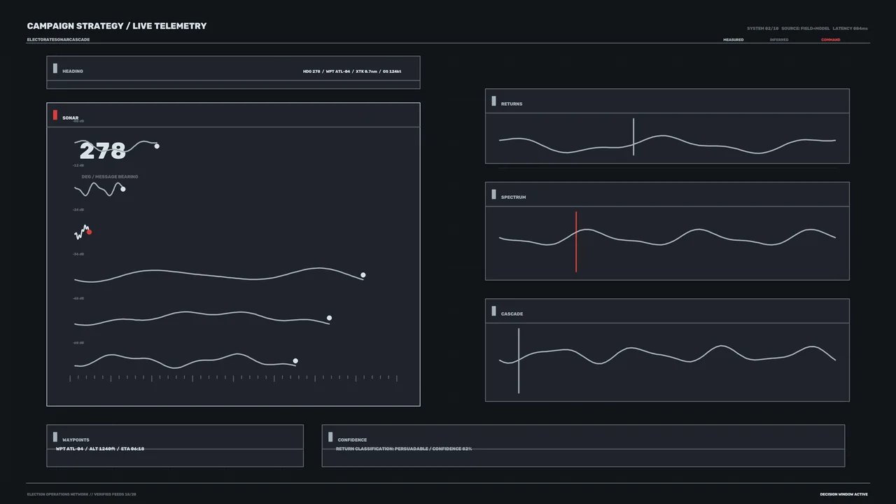Dark Sci-Fi Telemetry HUD with Sonar, Spectrum and Cascade Panels 4K Wallpaper