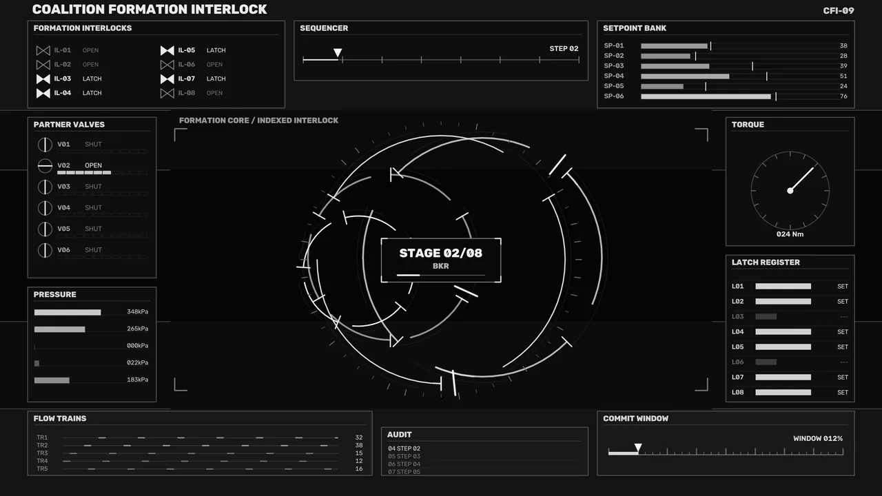 Formation Interlock Control HUD with Circular Telemetry Dashboard
