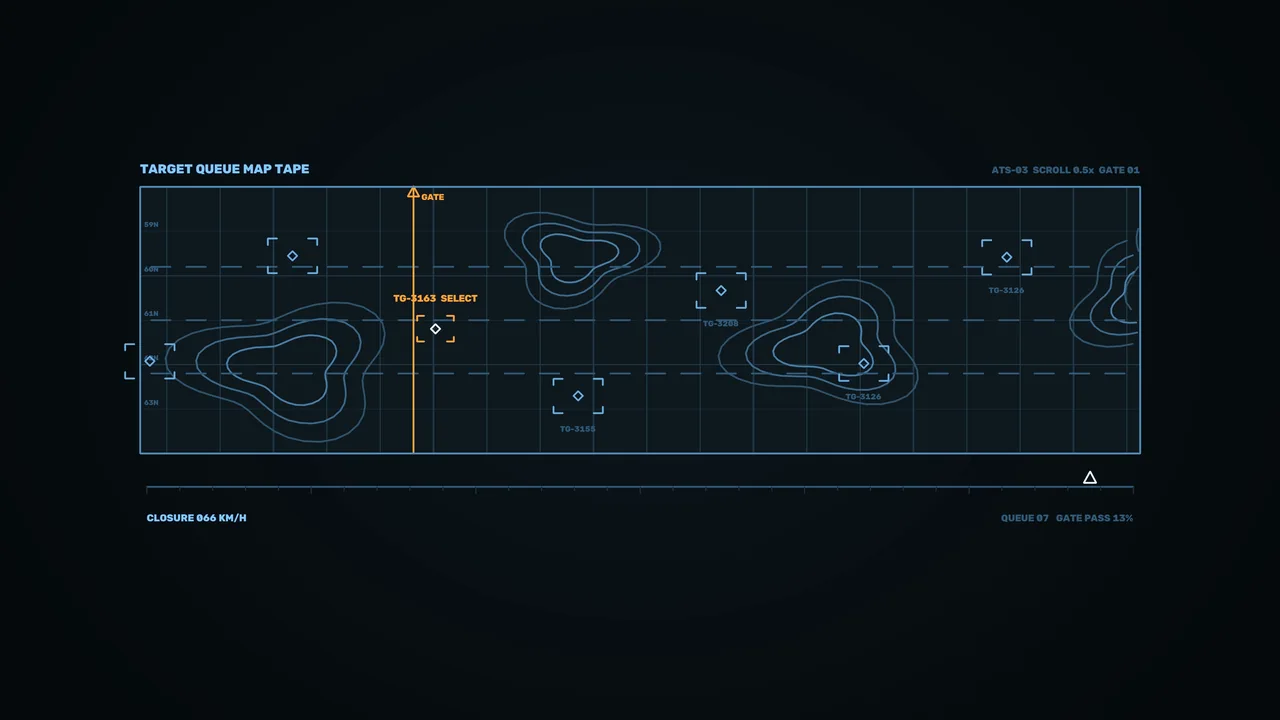 Sci-Fi Target Queue HUD Map with Blue Grid and Orange Gate Marker