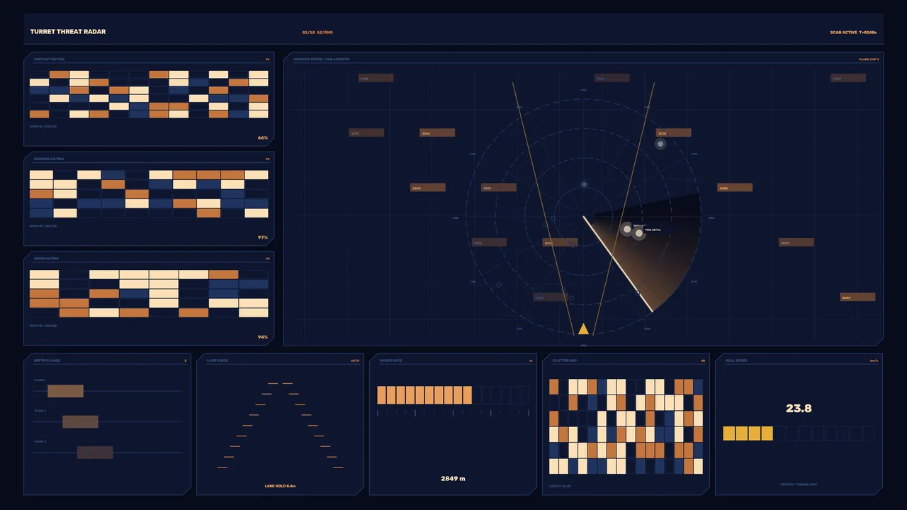 Futuristic Radar HUD Screen with Circular Scanner and Telemetry Panels, 4K Wall­