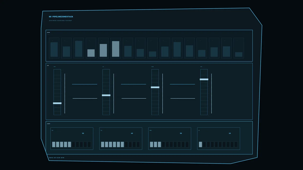 Futuristic Pipeline Status HUD Dashboard with Blue Telemetry Gauges