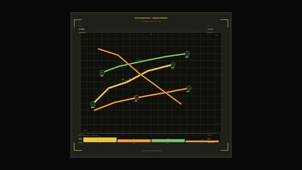 Sci-Fi Logistics Corridor Map HUD Dashboard 4K Wallpaper