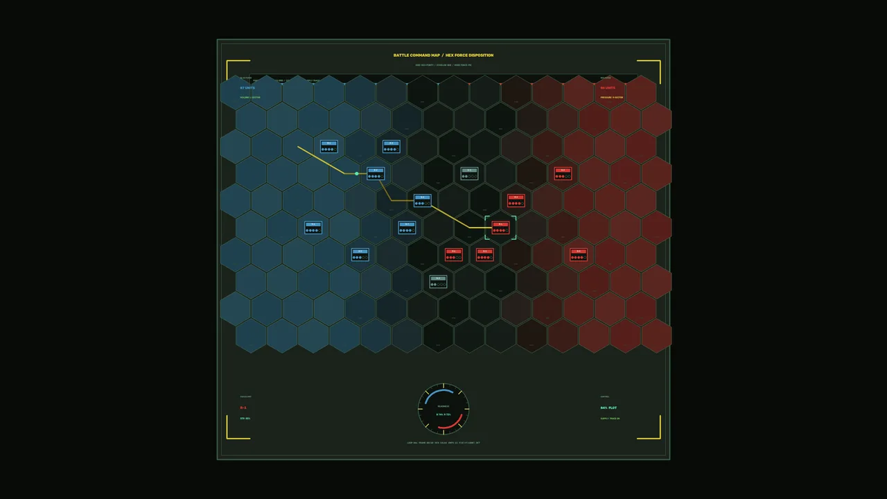 Sci-Fi Hex Grid Command Map HUD with Blue and Red Telemetry Panels