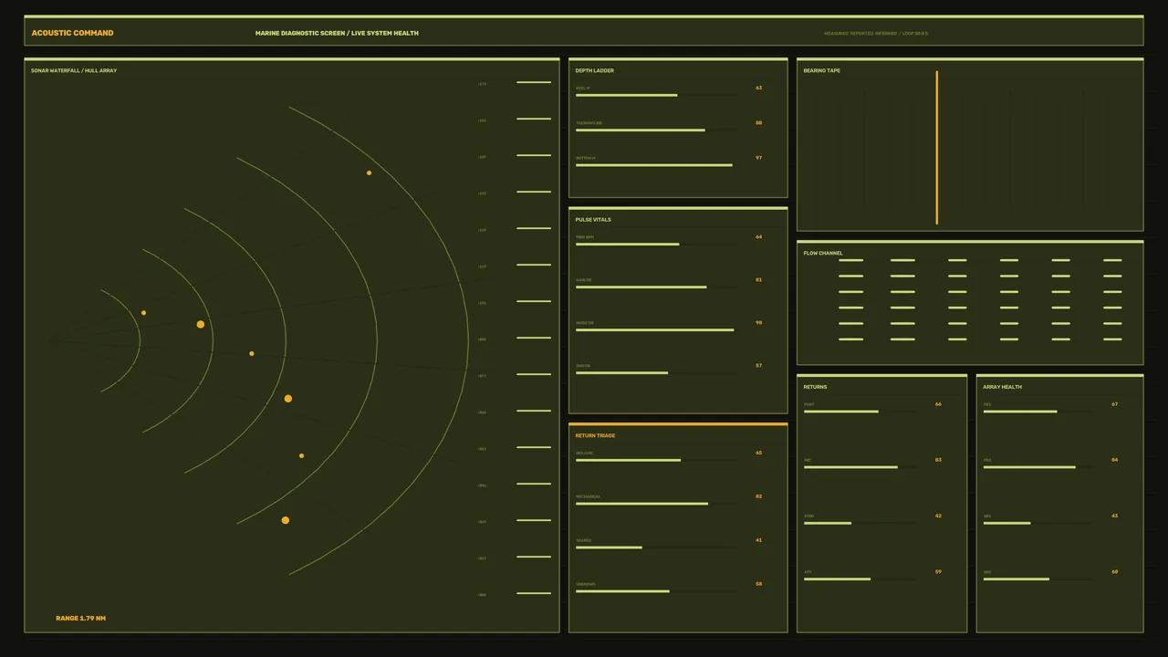 Marine Sonar Diagnostic HUD with Concentric Scanner and Telemetry Panels