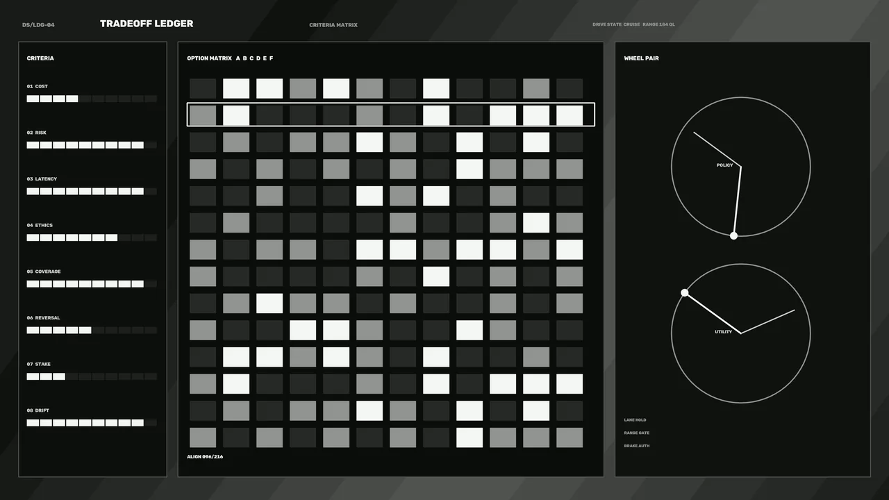 Tradeoff Ledger Sci-Fi HUD Dashboard with Option Matrix and Policy Utility Dials