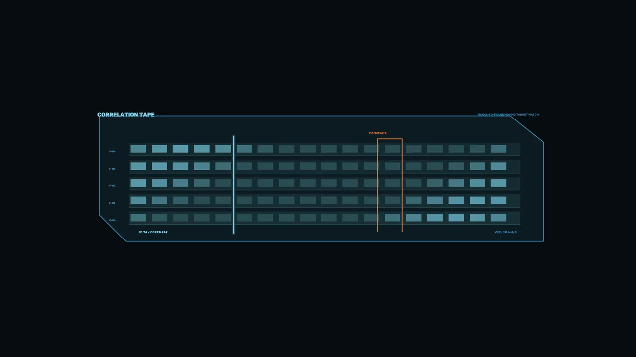 Cyan Correlation Tape HUD with Orange Match Gate — 4K Sci-Fi Wallpaper
