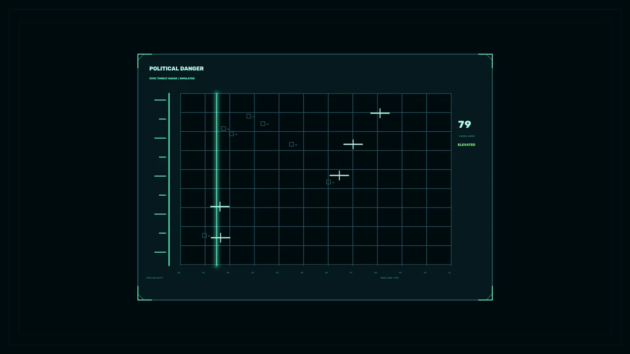 Political Danger Status HUD with Teal Telemetry Grid