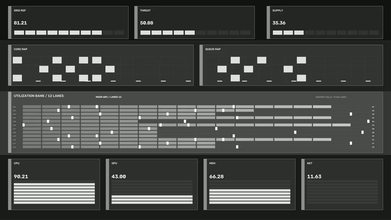 Futuristic Monochrome HUD Telemetry Dashboard with Core and Queue Maps