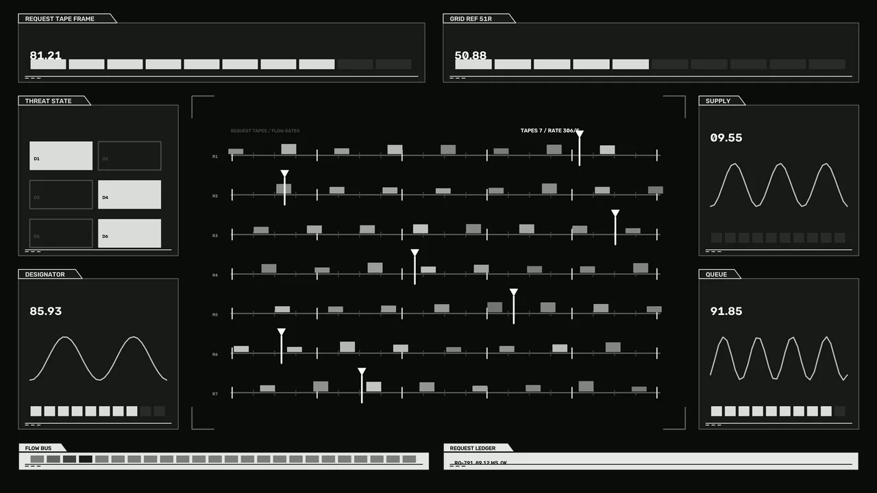 Monochrome Diagnostic Telemetry HUD Dashboard with Seven-Row Event Timelines