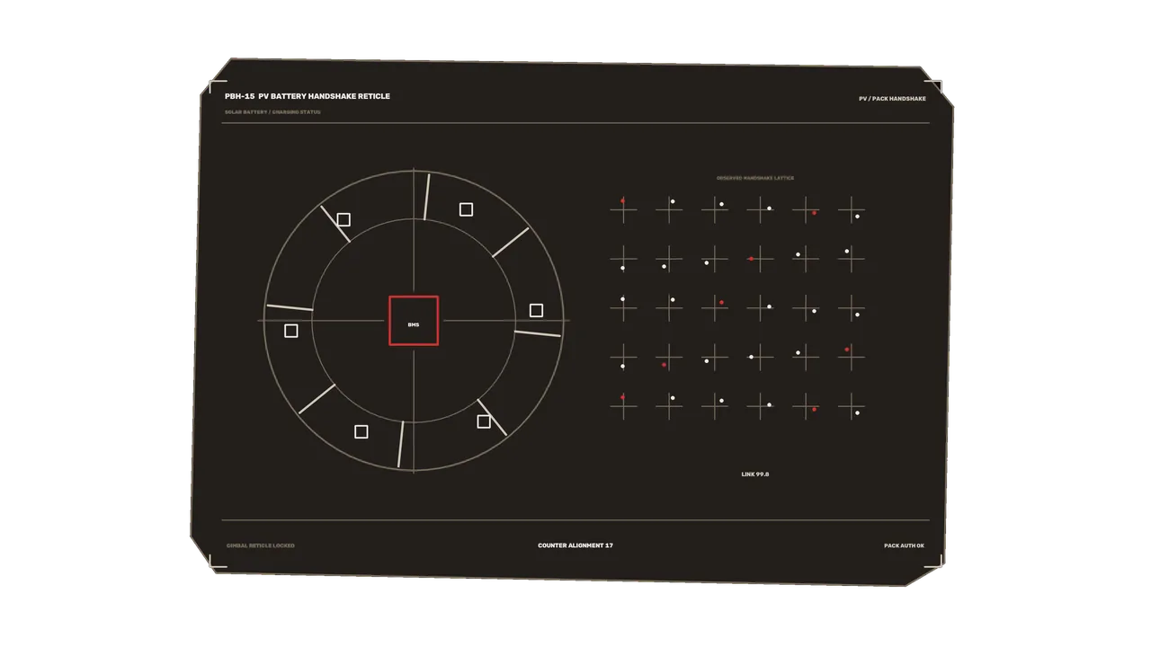 Solar Battery Handshake HUD with Circular Reticle and Telemetry Grid