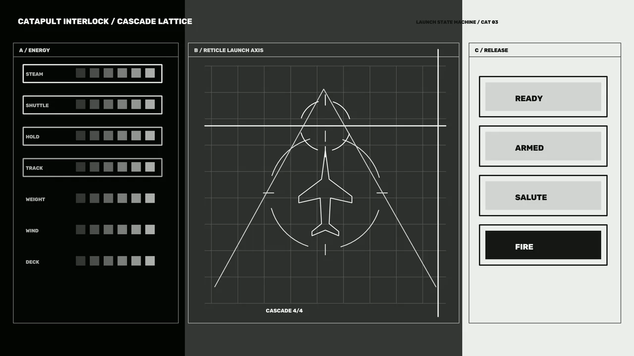Fictional Aircraft Launch Coordination HUD with Reticle and Telemetry Panels