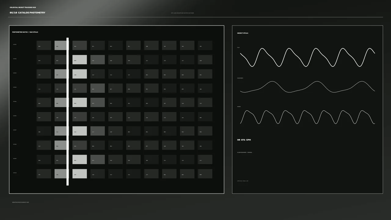Celestial Object Tracking HUD with Photometry Grid and Telemetry Graphs