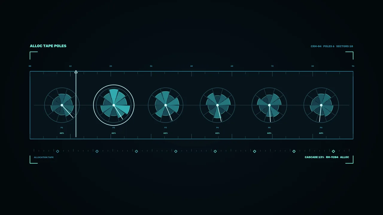 Cyan Resource Allocation Telemetry HUD with Six Radial Gauges, 4K Sci-Fi Screen