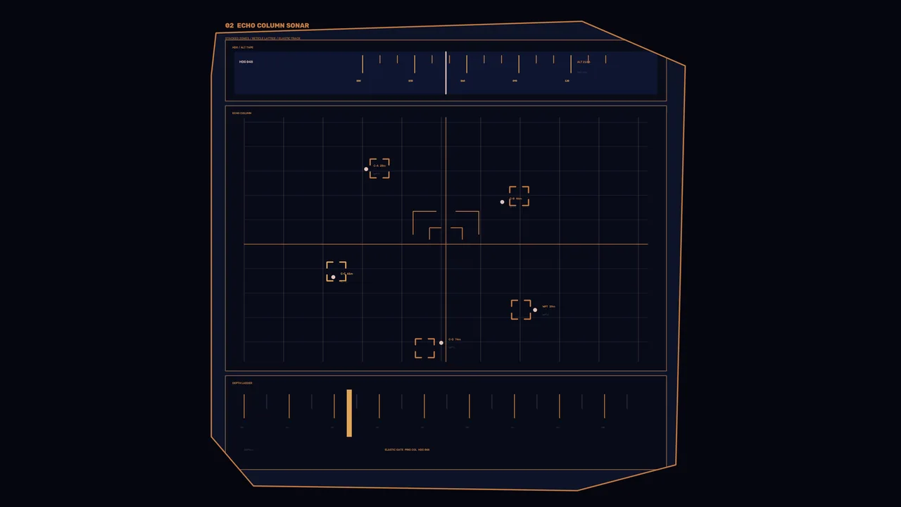 Amber Spacecraft Status HUD with Echo Sonar Grid and Angular Frame — 4K Sci-Fi