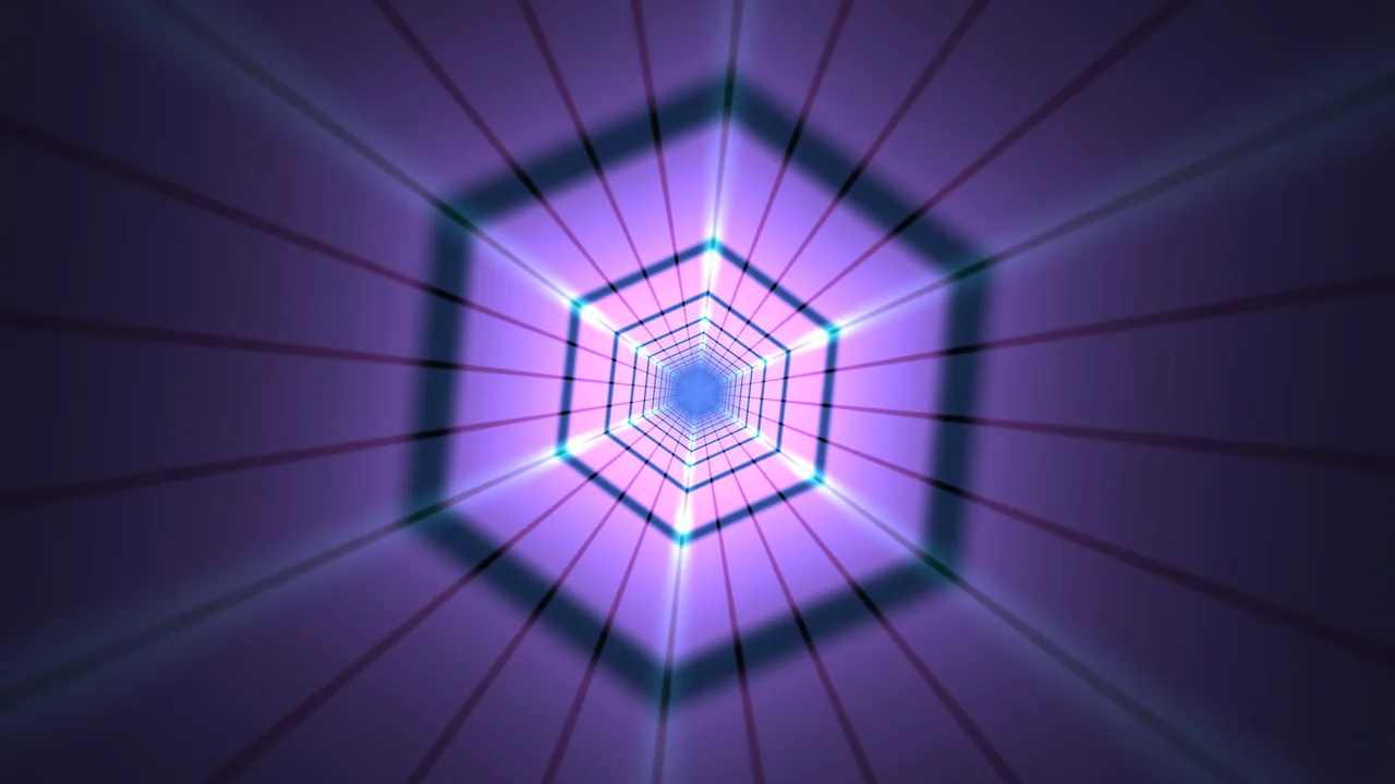 Glowing Hexagonal Grid Tunnel in Violet and Cyan