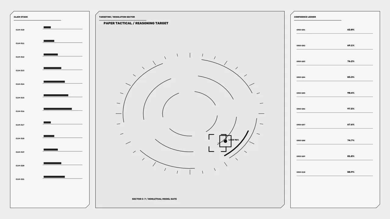 Monochrome Sci-Fi Targeting HUD with Circular Scanner and Confidence Ledger