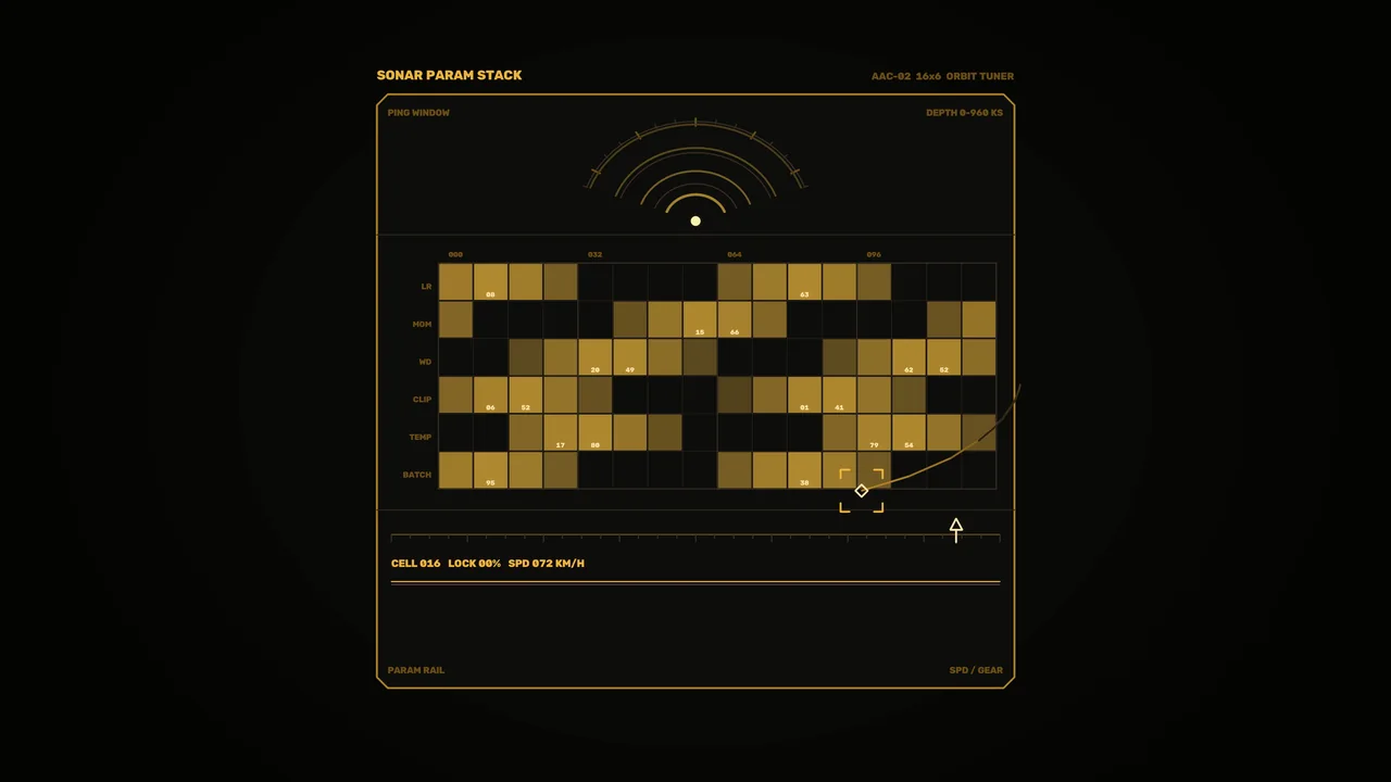 Amber Sonar Parameter HUD with Ping Arcs and Telemetry Grid