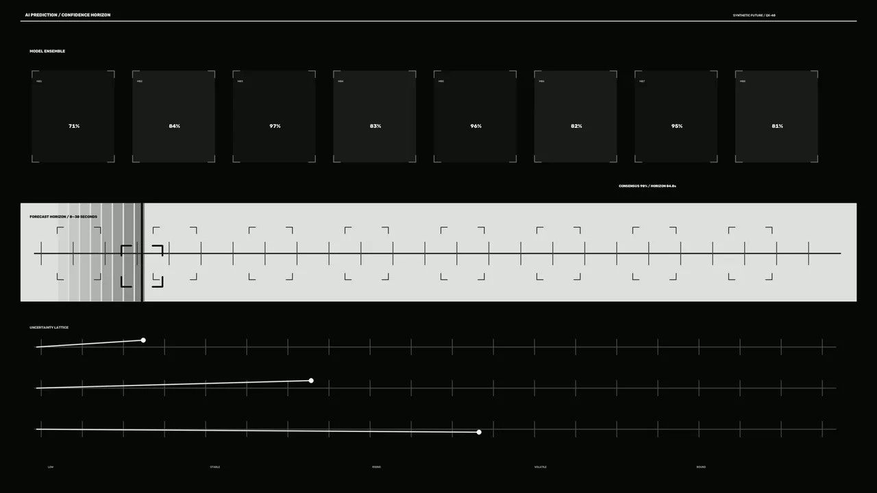 Monochrome Confidence Forecast HUD with Model Panels and Uncertainty Lattices