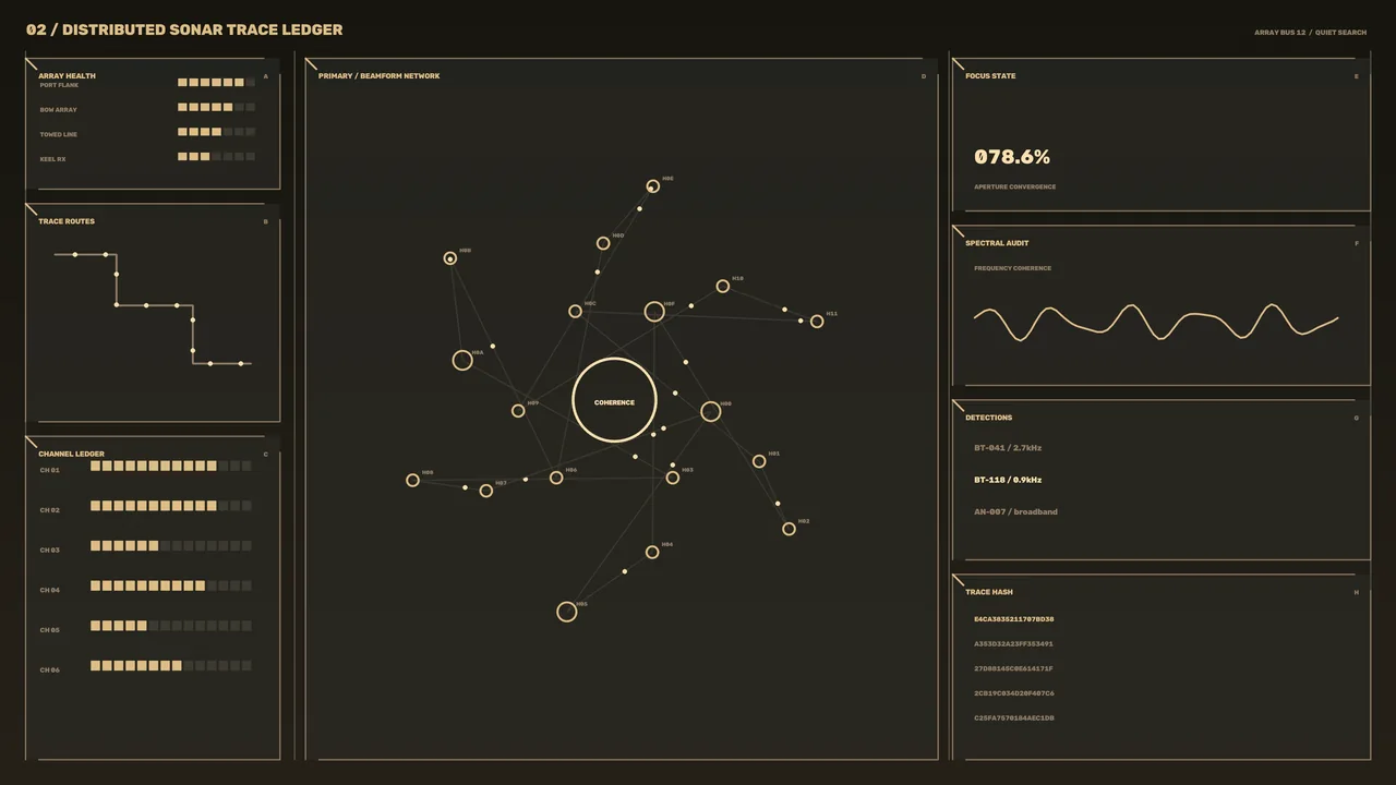 Distributed Sonar Trace Ledger HUD – Sci-Fi Telemetry Dashboard 4K Wallpaper