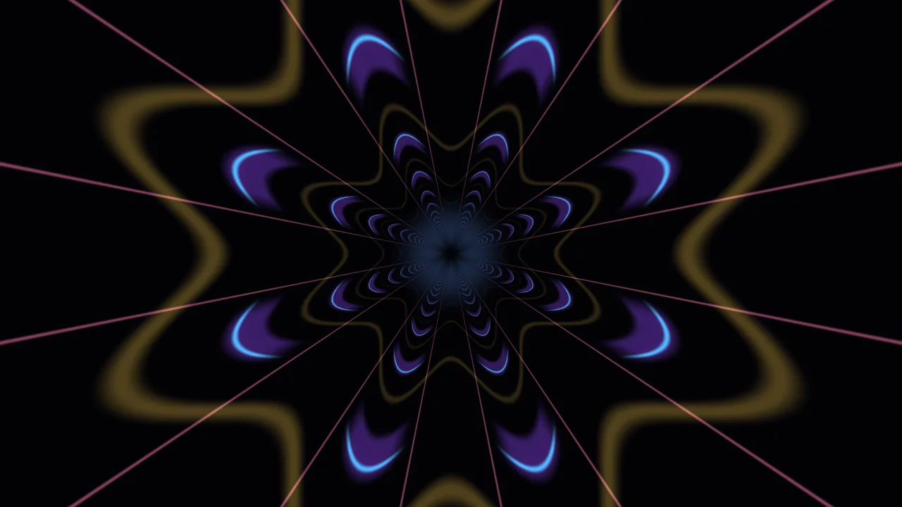 Neon Kaleidoscopic Tunnel with Purple, Cyan and Gold Curves