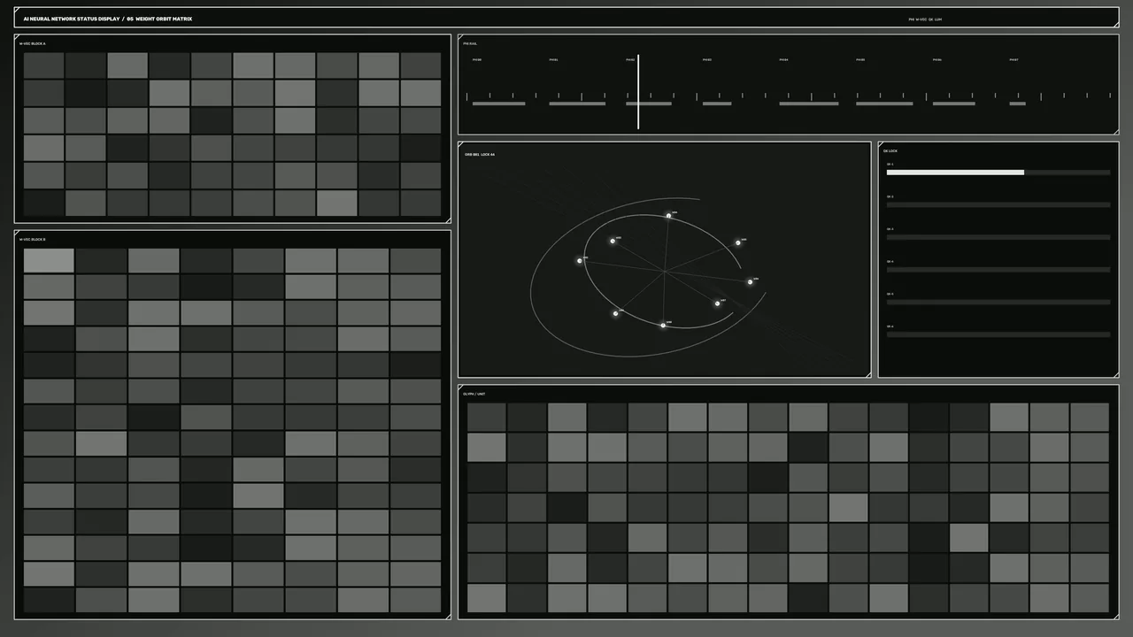 Monochrome Sci-Fi HUD Dashboard with Orbital Scanner and Telemetry Grids