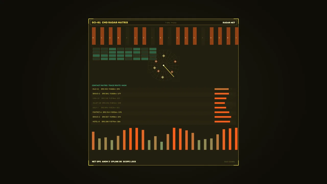 Fictional Spacecraft Command Radar HUD with Telemetry Dashboard, 4K Sci-Fi