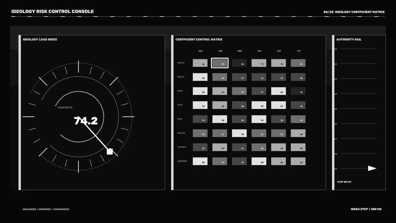 Ideology Risk Control Console HUD with Circular Load Gauge and CoefficientMatrix