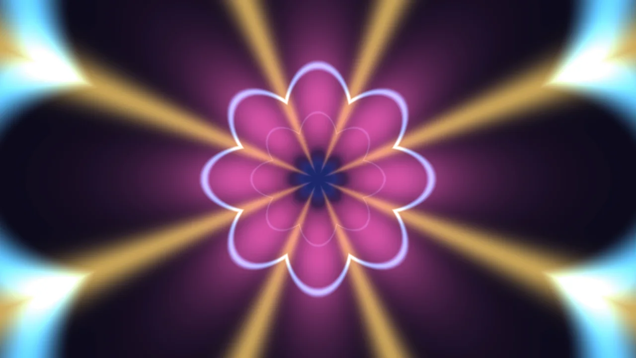 Neon Magenta Kaleidoscopic Flower with Golden Rays 4K Wallpaper