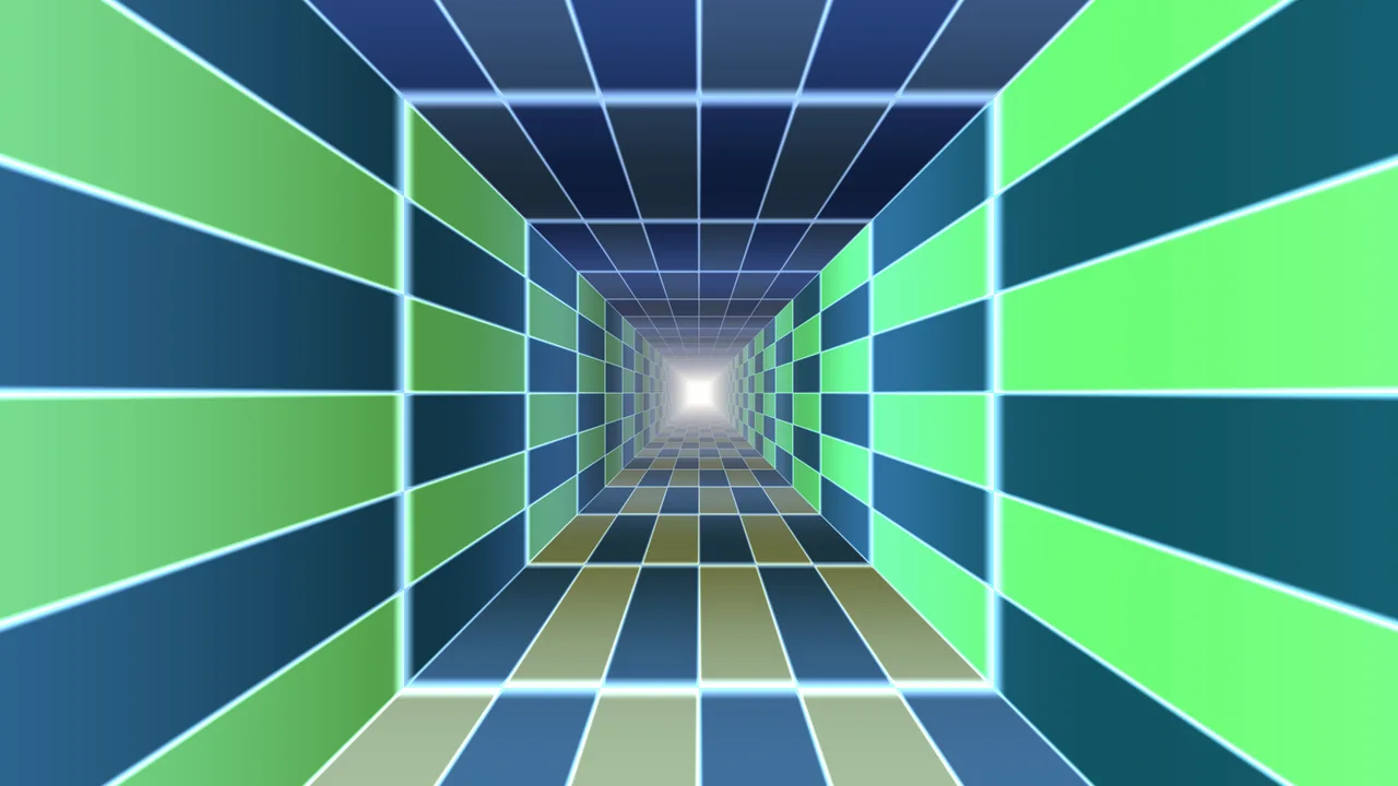 Blue Green Geometric Grid Tunnel 4K Wallpaper