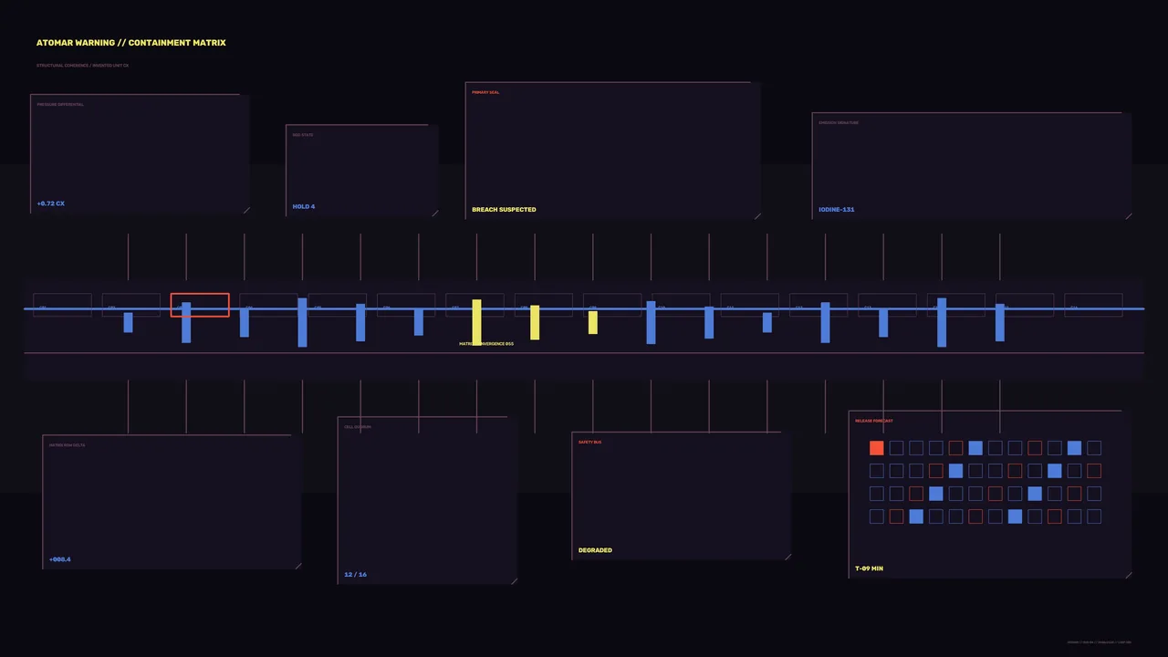 Containment Warning Matrix HUD with Telemetry Panels, 4K Sci-Fi Wallpaper