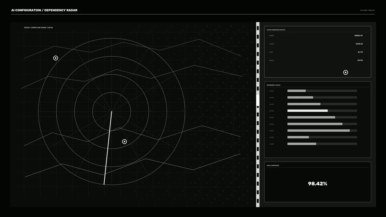 Fictional System Configuration Control Console HUD with Radar and Telemetry