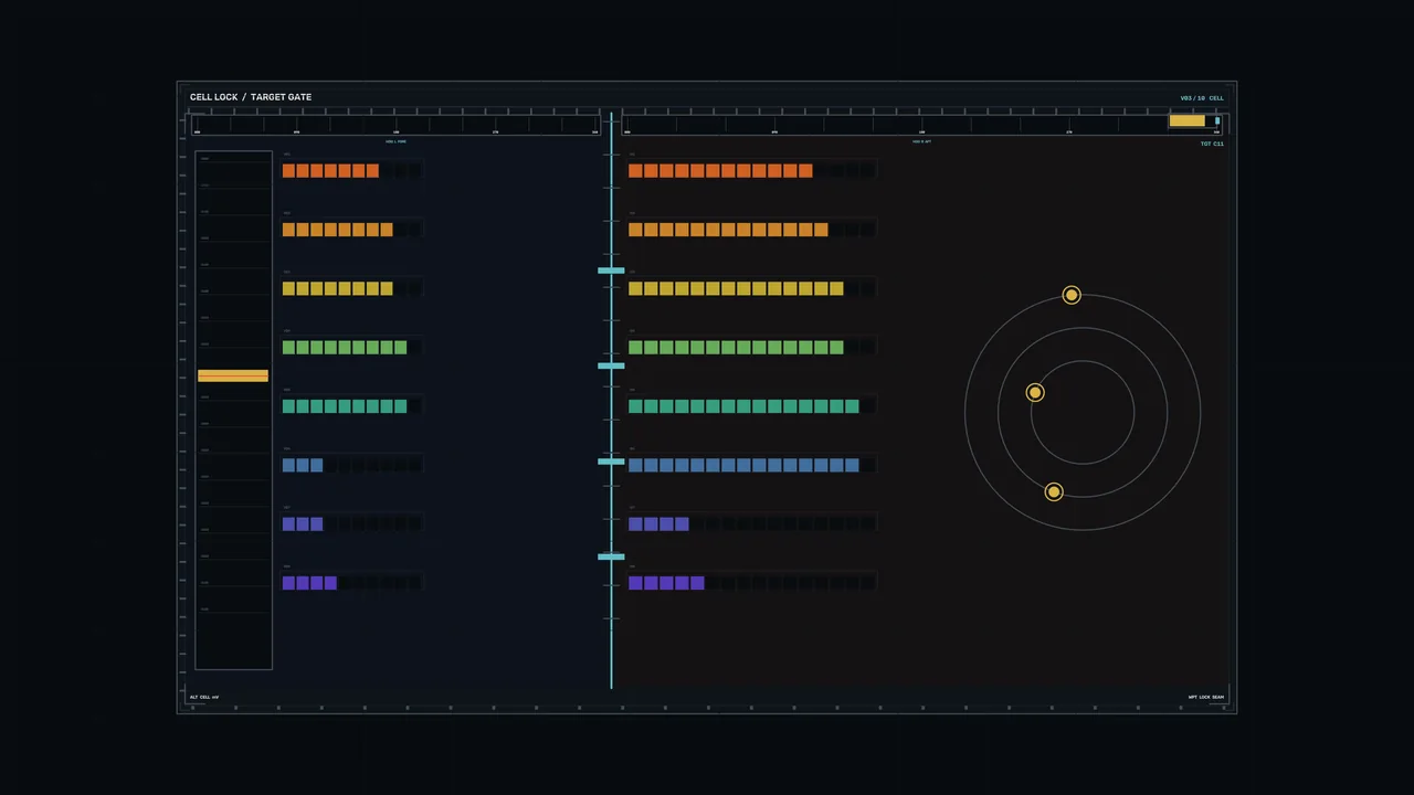 Battery Cell Status HUD with Segmented Telemetry Bars and Circular Scanner, 4K