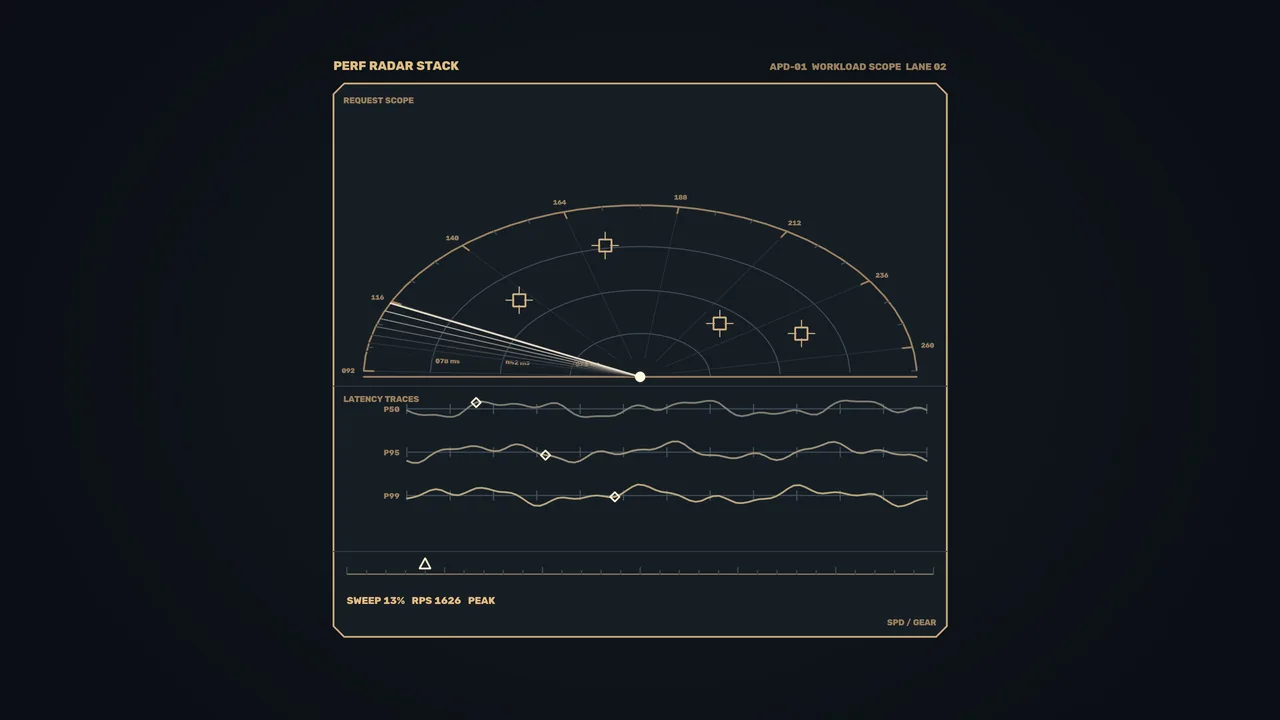Sci-Fi Performance Radar HUD with Latency Traces