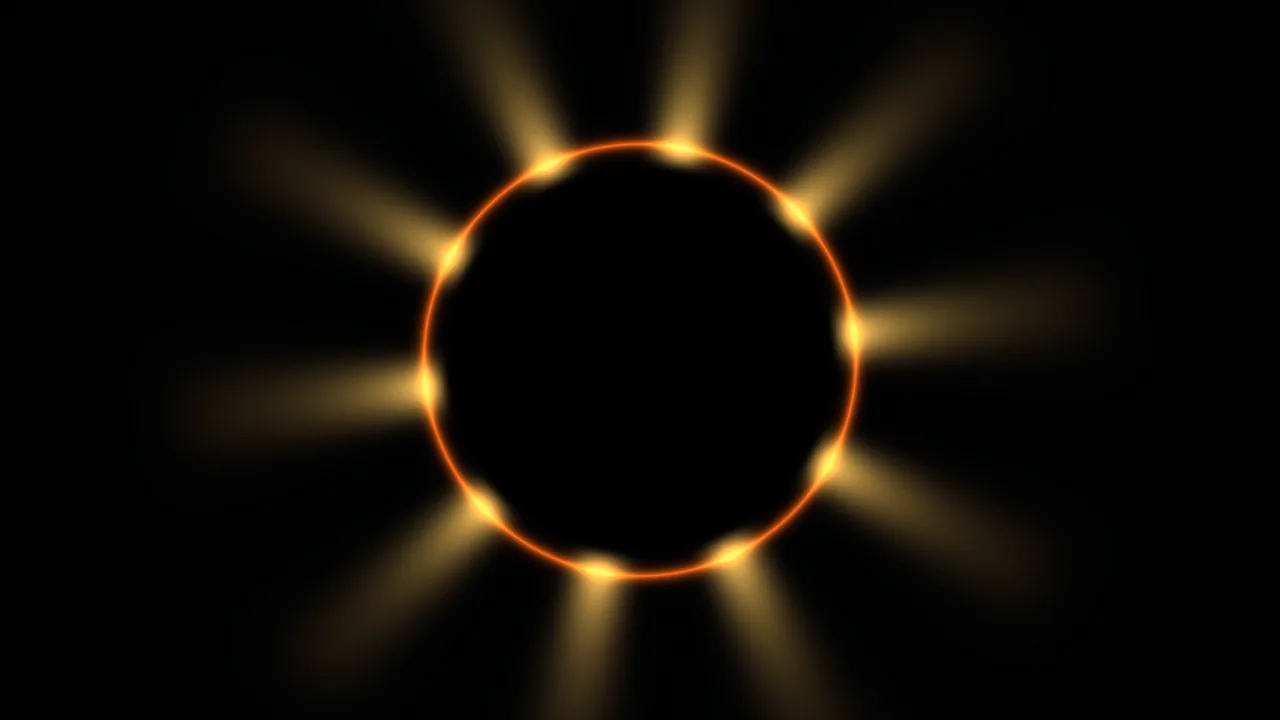 Abstract Orange Eclipse Ring with Golden Light Rays on Black