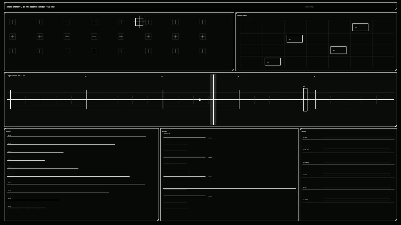 Drone Battery Status HUD with Grid Scanner and Telemetry Panels