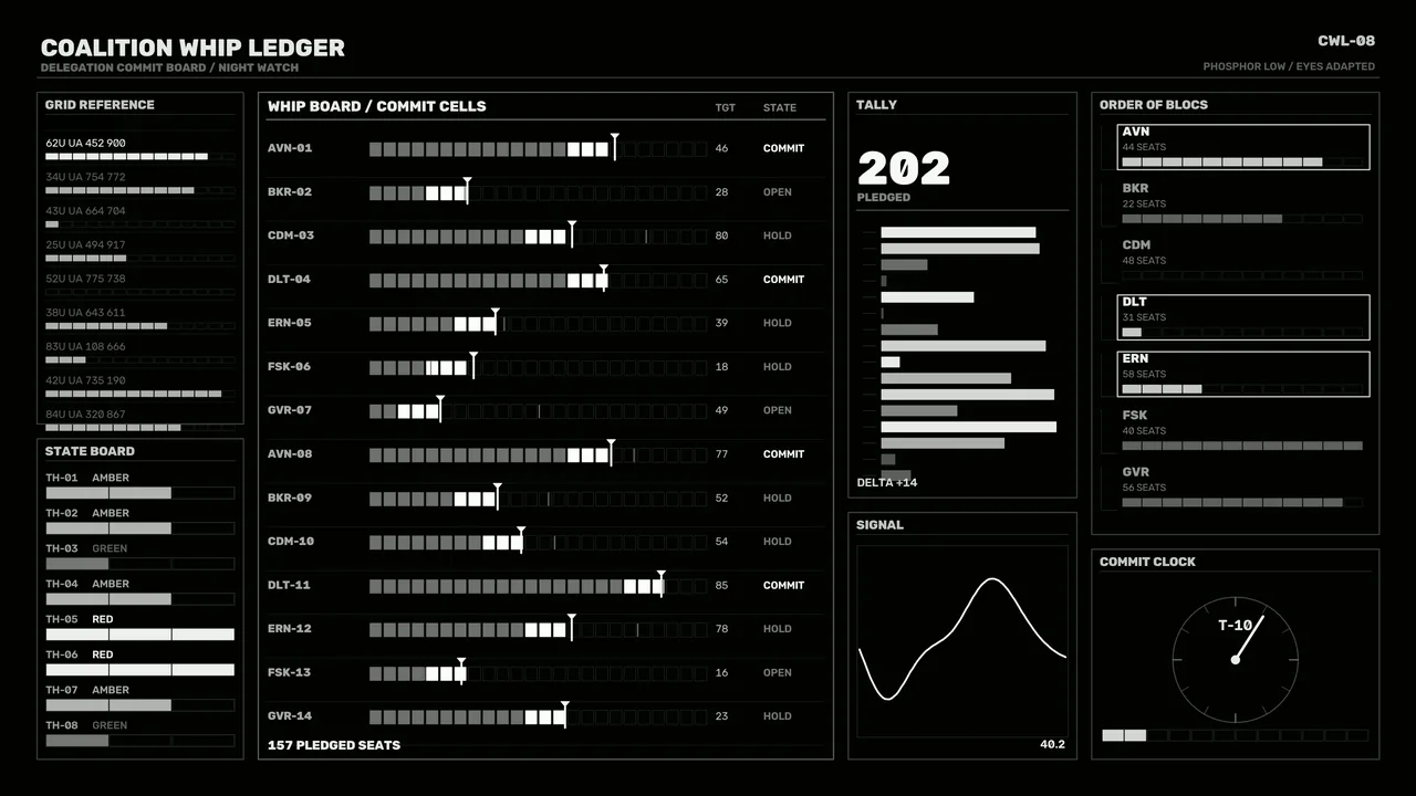 Coalition Whip Ledger Monochrome Sci-Fi HUD Dashboard 4K Wallpaper