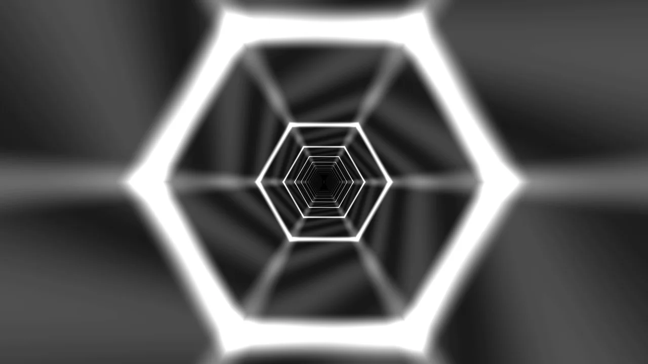 Monochrome Hexagonal Vortex Tunnel 4K Wallpaper