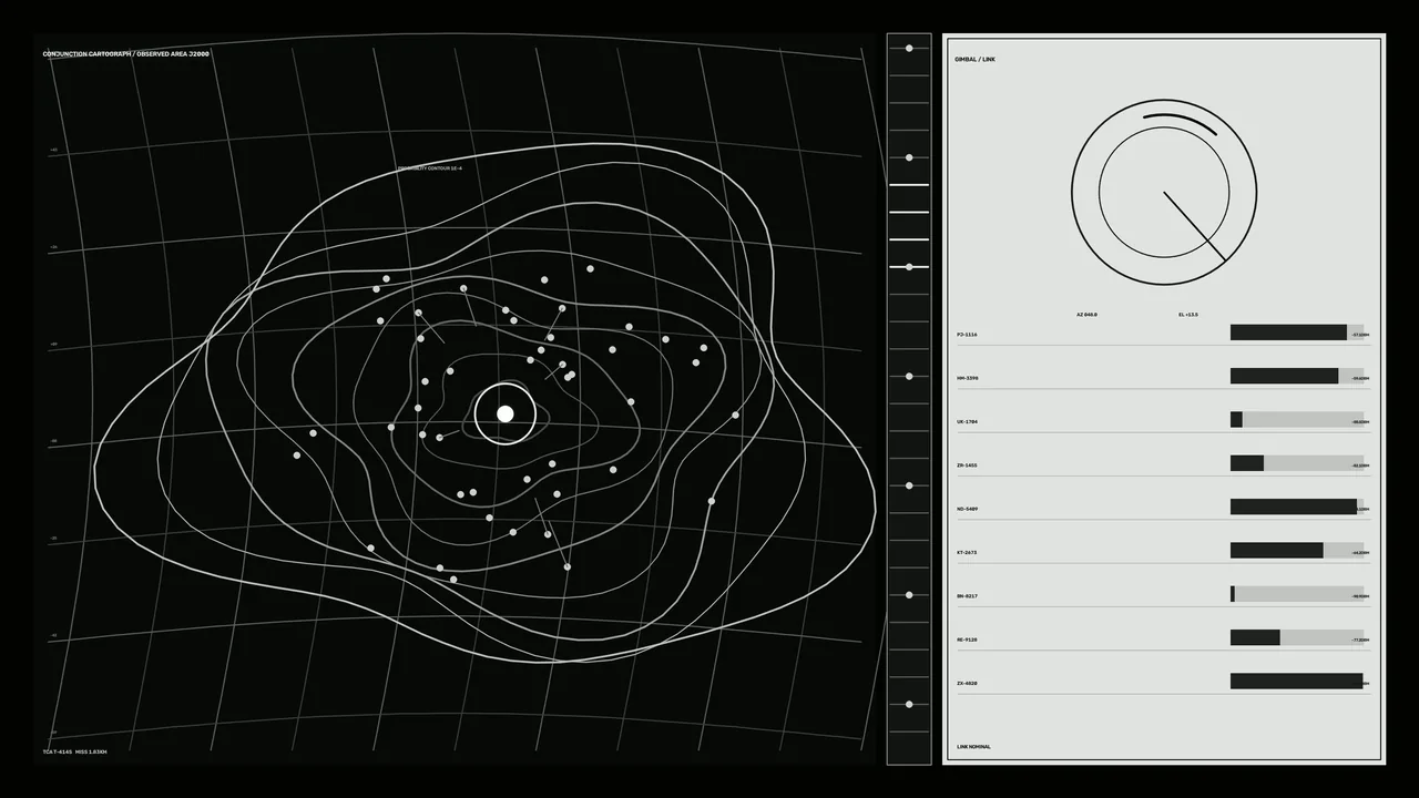 Monochrome Space Tracking HUD with Contour Map and Telemetry Panel, 4K Wallpaper