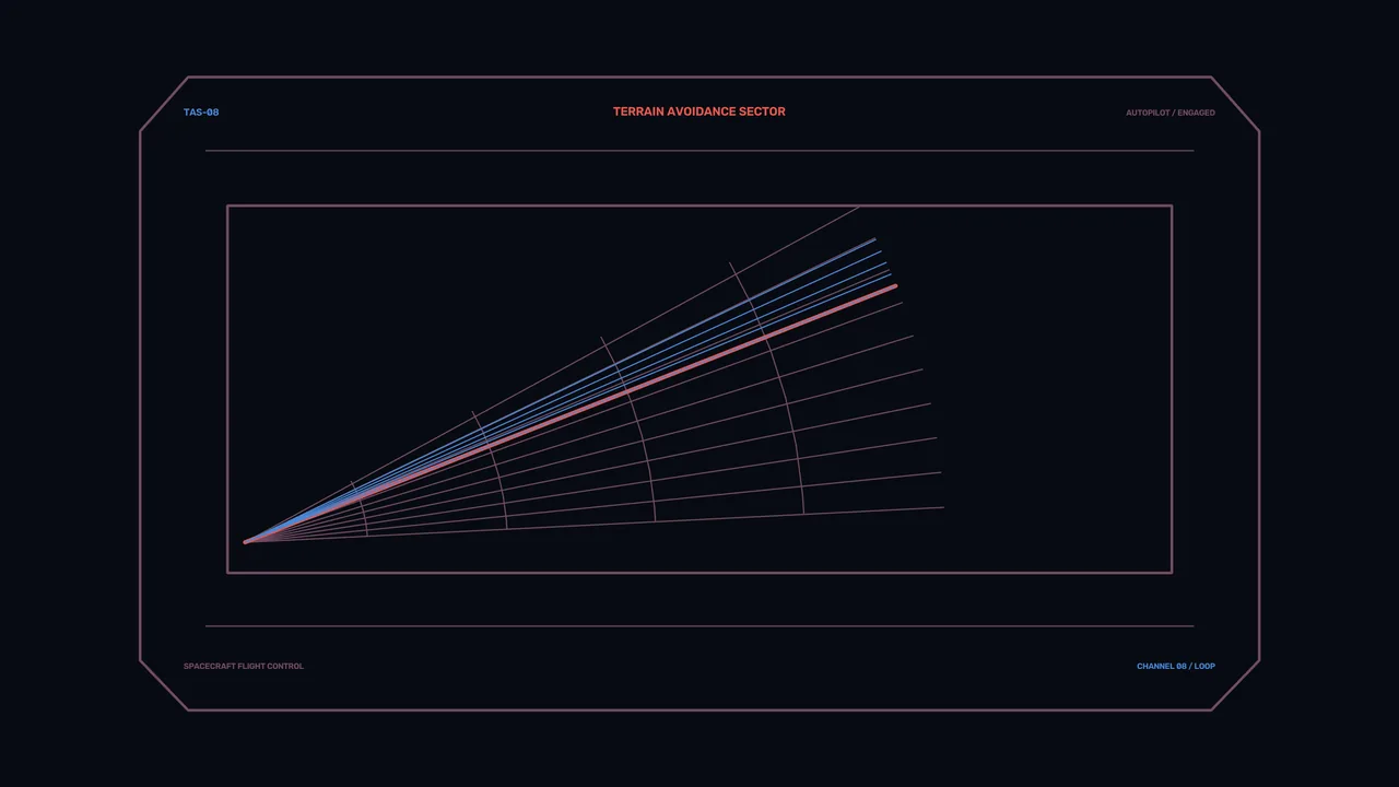 Spacecraft Terrain Avoidance HUD with Perspective Telemetry Grid