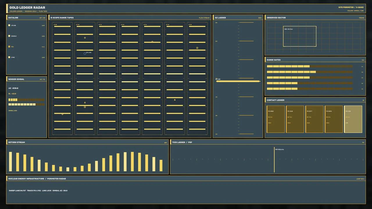Perimeter Radar HUD Dashboard with Range Tapes – 4K Sci-Fi Wallpaper