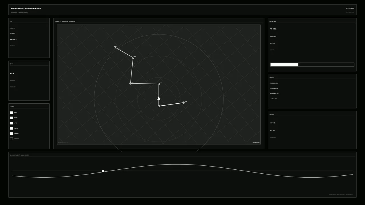 Drone Navigation Route HUD Interface with Telemetry Map, 4K Wallpaper