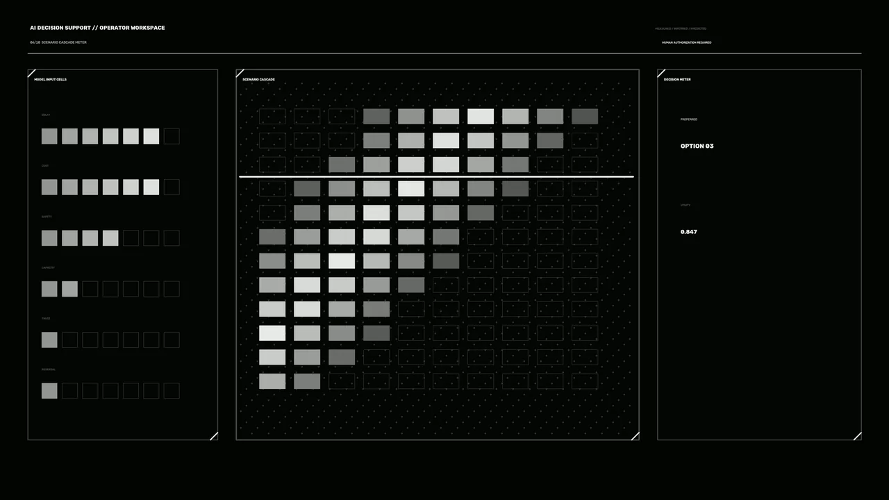 Monochrome Sci-Fi HUD Dashboard with Scenario Grid and Decision Meter 4K