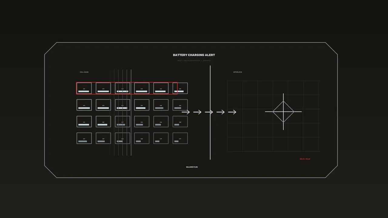 Battery Charging Alert HUD Interface with Cell Bank and Interlock Grid
