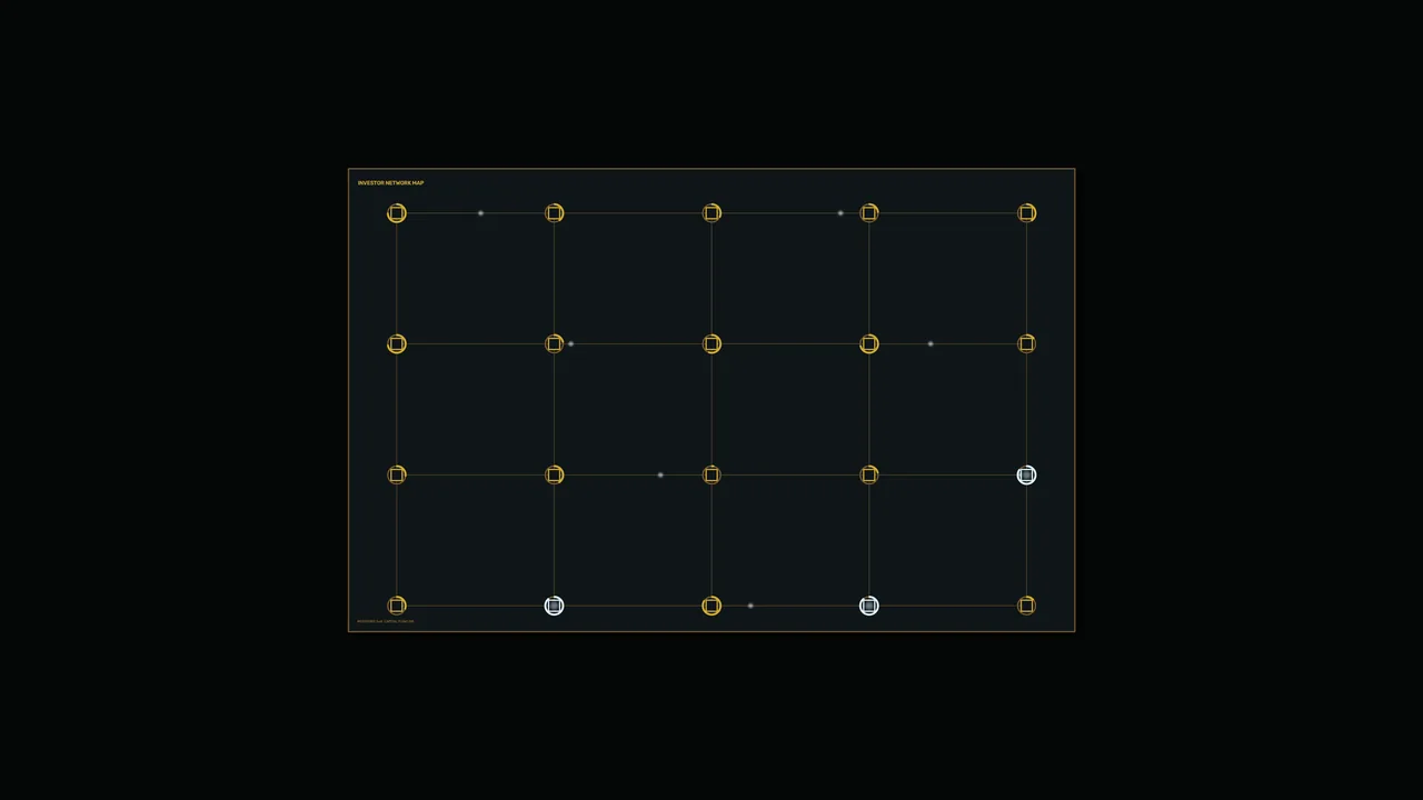Investor Network Map HUD Dashboard with Gold Grid Nodes