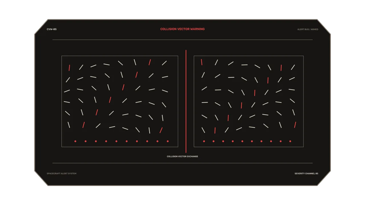 Spacecraft Collision Vector Warning HUD – Red and White 4K Wallpaper