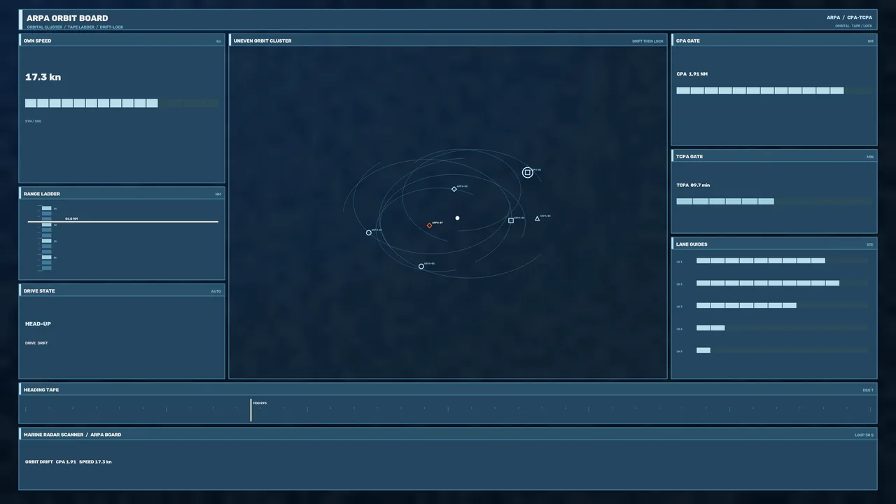 Fictional Marine Radar ARPA Tracking HUD with Orbit Cluster