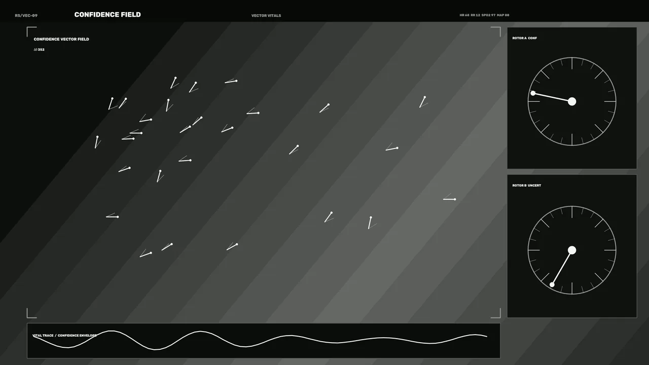 Monochrome Confidence Field HUD with Vector Telemetry and Gauge Panels
